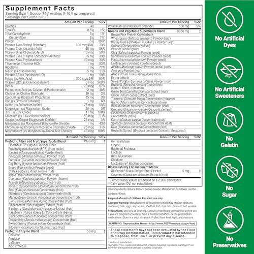 Force Factor Smarter Greens Superfood Powder - Probiotics & Enzymes, 30 Servings