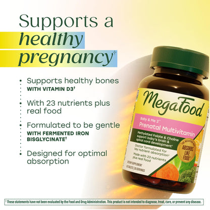 MegaFood Baby & Me 2 Prenatal Multi - Prenatal Vitamins for Women Before & During Pregnancy with Choline, Methyl Folate, and Iron - Dr. Formulated, Gluten-Free, Vegetarian