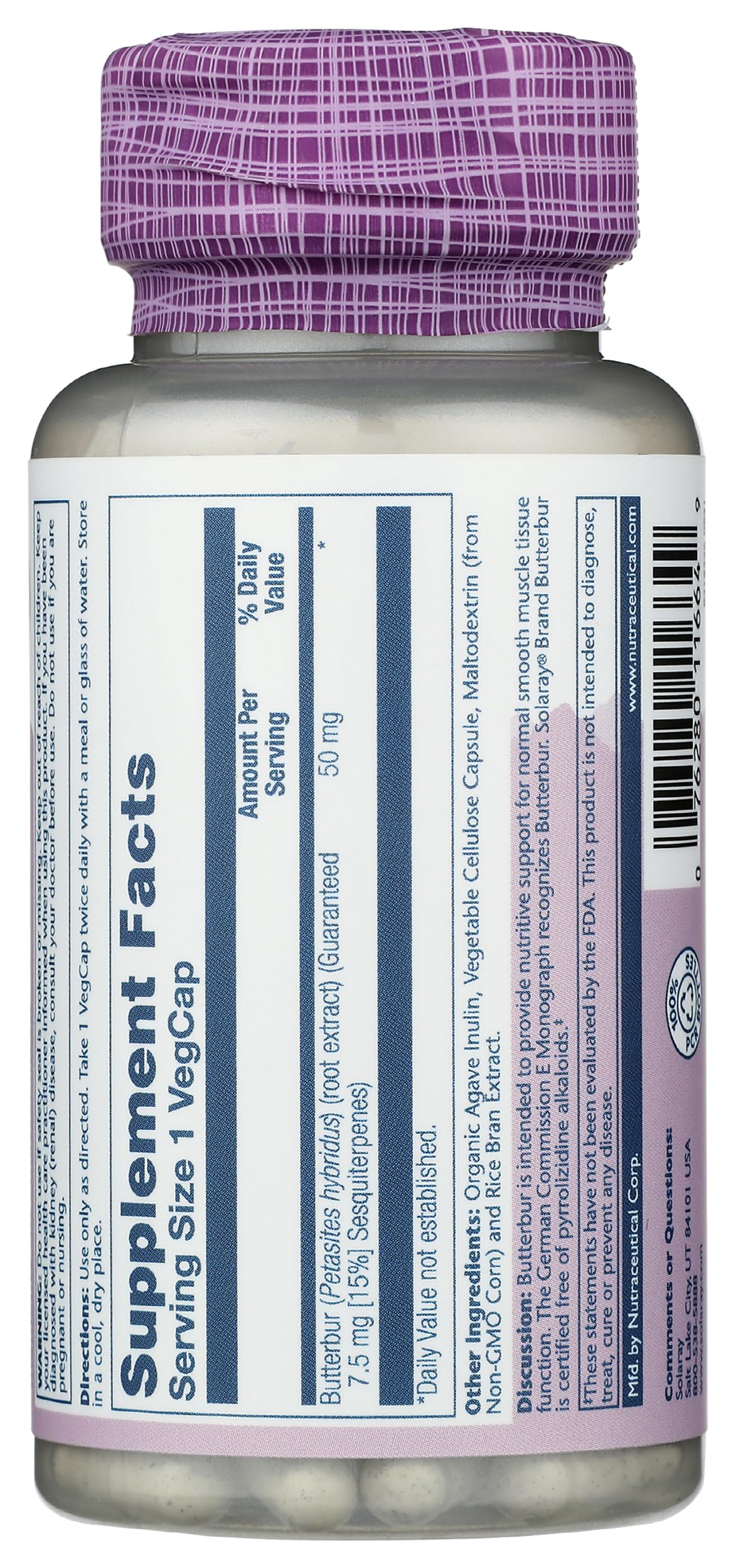SOLARAY Unflavored Capsules Butterbur Muscle Support 50Mg Yes Vegetarian,Vegan