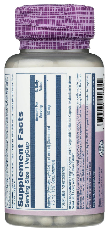 SOLARAY Unflavored Capsules Butterbur Muscle Support 50Mg Yes Vegetarian,Vegan