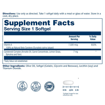 SOLARAY Food Carotene 7500mcg (25000 IU) - Beta Carotene Vitamin A Supplement