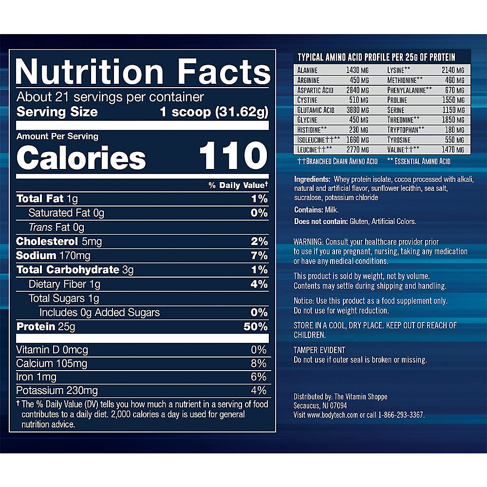 BodyTech Whey Protein Isolate Powder - 25 Grams of Protein per Serving & BCAA's