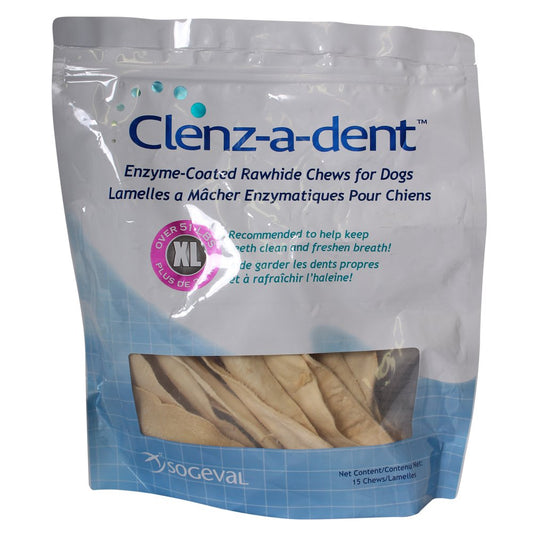 Clenz-A-Dent Rawhide Dental Chews for Dogs, Extra Large Dogs, Enzyme-Coated Dental Treats with RF2, Reduces Plaque & Tartar, Freshens Breath, Poultry Flavor, 15 Count