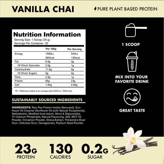 Blessed Vegan Protein Powder - Plant Based Protein Powder Meal Replacement Protein Shake, 23g of Pea Protein Powder, Dairy Free, Gluten Free, Soy Free, No Sugar Added, 30 Servings (Vanilla Chai)