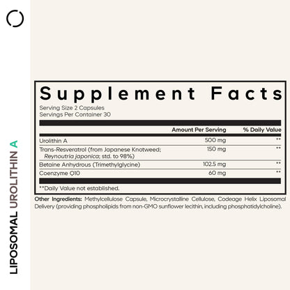 Codeage Liposomal Urolithin A Supplement 500mg Per Serving + Resveratrol, Betaine, CoQ10, Ellagitannins - A New Frontier Beyond NADH, NMN, NAD, NR, and PQQ Vitamins - Bioavailable - 60 Capsules