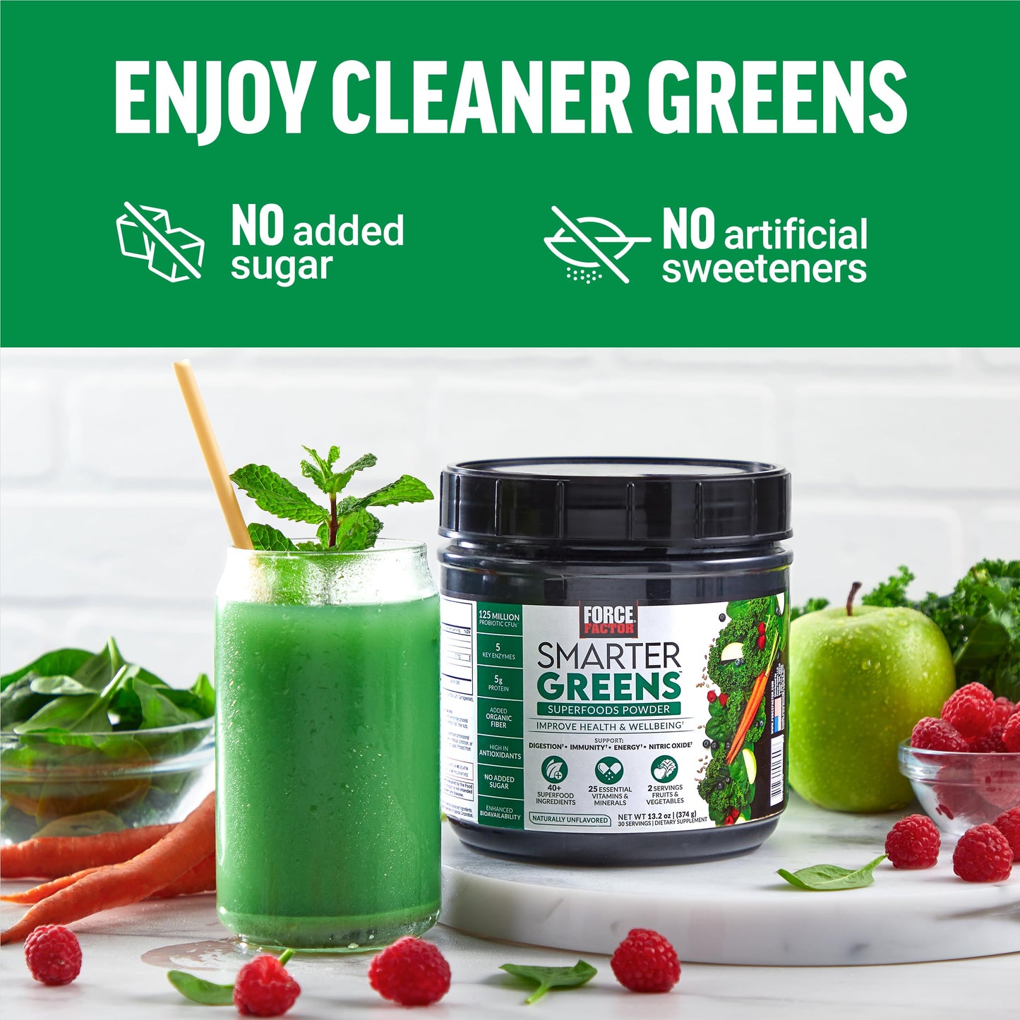 Force Factor Smarter Greens Superfood Powder - Probiotics & Enzymes, 30 Servings