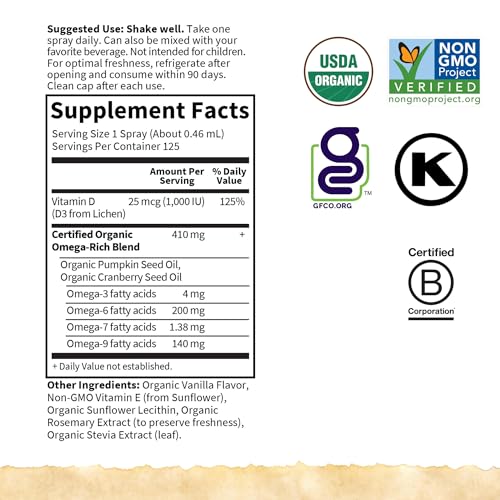 Garden of Life mykind Organics Vegan Vitamin D3 for Women and Men, Liquid 1000 IU Per Spray, D3 Plus Omegas - Vanilla Flavor - 125 Servings - 2fl oz Liquid Whole Food D3 Vitamin Supplement