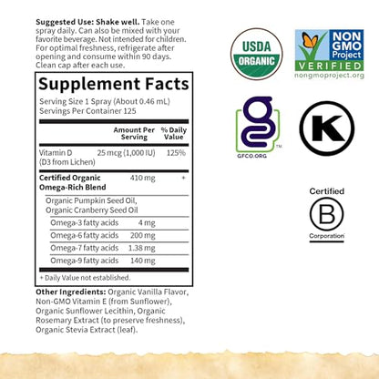Garden of Life mykind Organics Vegan Vitamin D3 for Women and Men, Liquid 1000 IU Per Spray, D3 Plus Omegas - Vanilla Flavor - 125 Servings - 2fl oz Liquid Whole Food D3 Vitamin Supplement