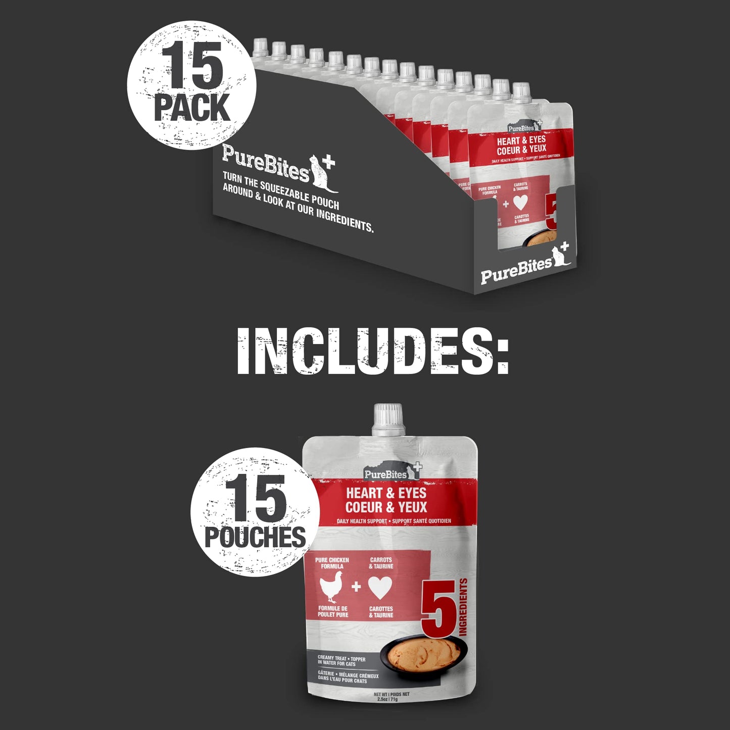 PureBites Plus Squeezables Cat Treat • Topper 71g | Heart & Eyes | 5 Ingredients | Case of 15
