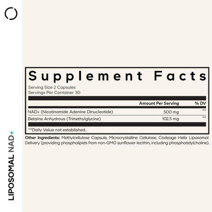 Codeage Liposomal NAD+ Supplement - NAD Nicotinamide Adenine Dinucleotide Coenzyme Pills - 500 mg NAD+ Per Serving & Betaine Anhydrous - Liposomal Delivery - Vegan, Non-GMO, Gluten-Free - 60 Capsules
