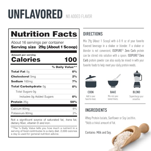 Isopure Unflavored Protein, 25g Whey Isolate, Zero Carb & Keto Friendly, 16 Servings