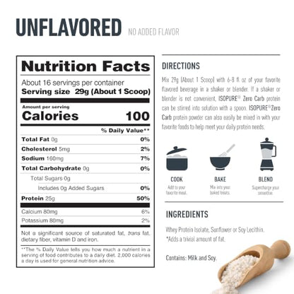 Isopure Unflavored Protein, 25g Whey Isolate, Zero Carb & Keto Friendly, 16 Servings