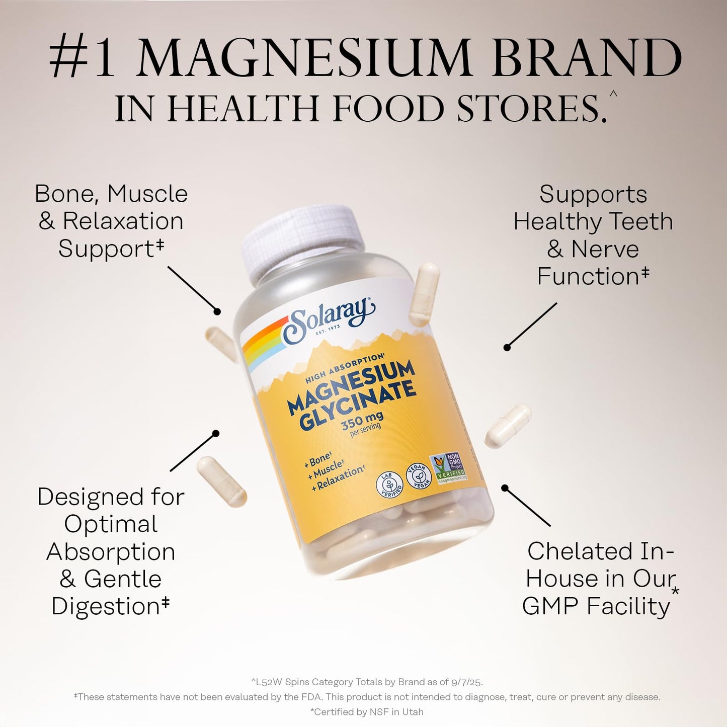 SOLARAY Magnesium Glycinate Capsules, Chelated Magnesium Bisglycinate w/BioPerine, Higher Absorption Magnesium Supplement - Bones, Muscles, Heart Support, Vegan