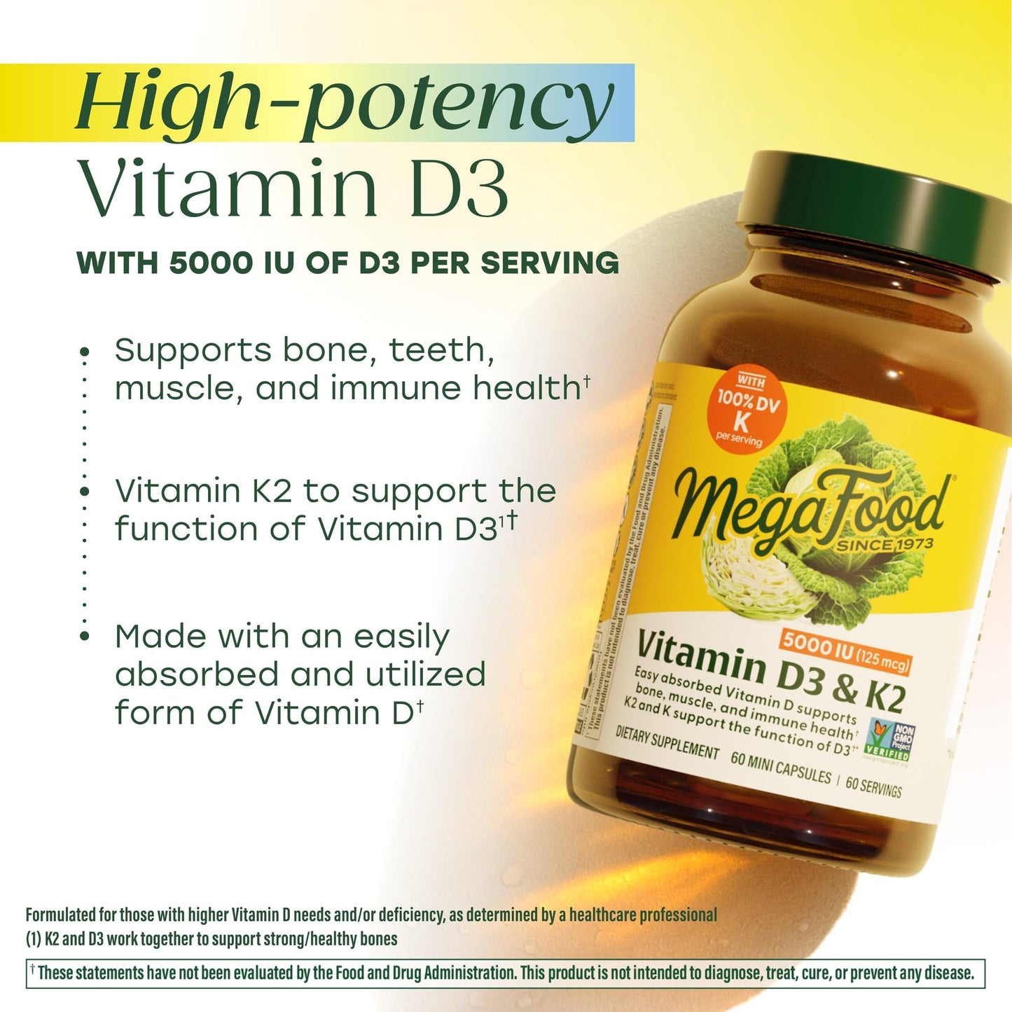 MegaFood Vitamin D3 5000 IU with K2 - Bone & Immune Support