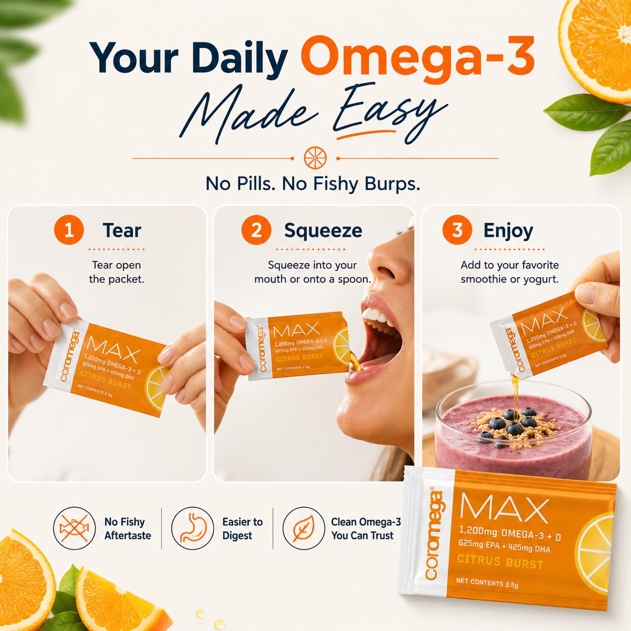 Coromega MAX 2400mg Omega-3 Fish Oil + Vitamin D Squeeze Packets, Wild-Caught, No Fishy Taste - 3X Better Absorption Than Softgels, Supports Brain & Heart Health