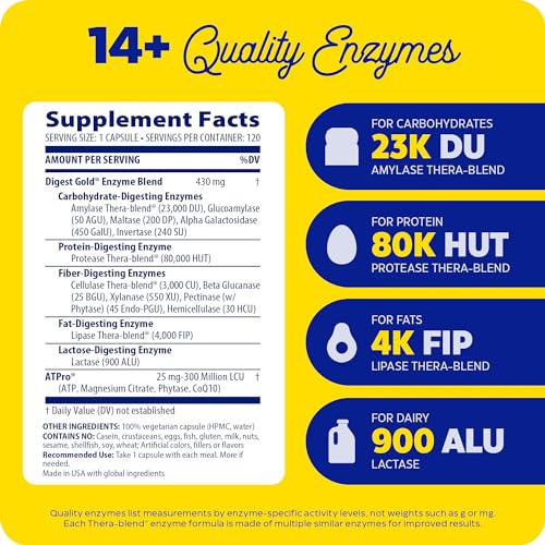 Enzymedica Digest Gold - Digestive Enzyme Supplement for Women & Men, Enzyme Capsules for Digestion, Gut Health Support, Helps Gas & Bloating, ATPro Energy Support, Maximum Strength, Vegan - 120 Caps