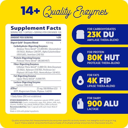 Enzymedica Digest Gold - Digestive Enzyme Supplement for Women & Men, Enzyme Capsules for Digestion, Gut Health Support, Helps Gas & Bloating, ATPro Energy Support, Maximum Strength, Vegan - 120 Caps