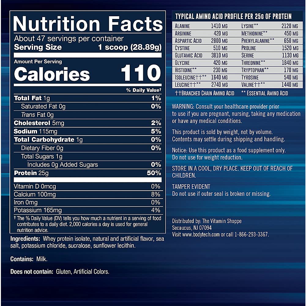 BodyTech Whey Protein Isolate Powder - 25 Grams of Protein per Serving & BCAA's