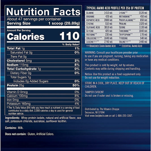 BodyTech Whey Protein Isolate Powder - 25 Grams of Protein per Serving & BCAA's - Ideal for Post-Workout Muscle Building & Growth, Contains Milk & Soy