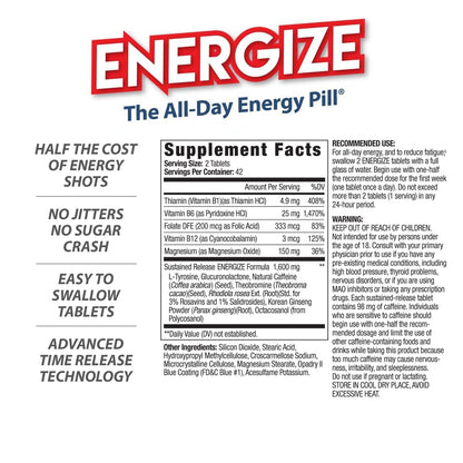 Energize Caffeine Pills, Fast Acting All Day Energy Pills & Natural Nootropics Support Supplement with Time Release Caffeine, Energy Support for Men and Women, No Jitters, No Crash (84 Tablets)