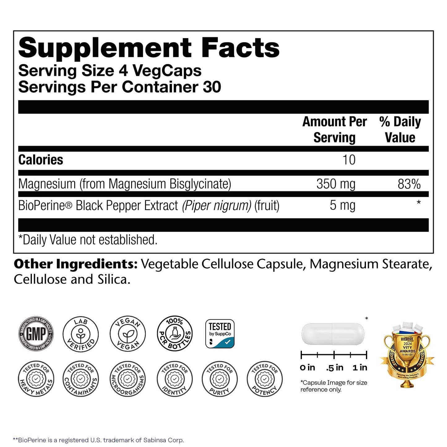 SOLARAY Magnesium Glycinate Capsules, Chelated Magnesium Bisglycinate w/BioPerine, Higher Absorption Magnesium Supplement - Bones, Muscles, Heart Support, Vegan