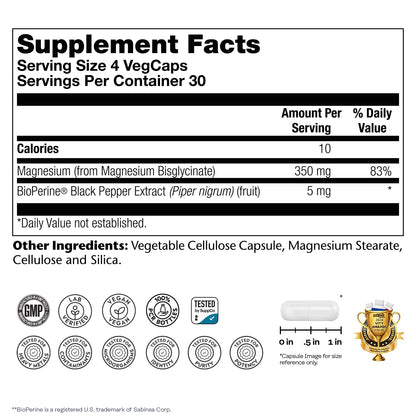 SOLARAY Magnesium Glycinate Capsules, Chelated Magnesium Bisglycinate w/BioPerine, Higher Absorption Magnesium Supplement - Bones, Muscles, Heart Support, Vegan