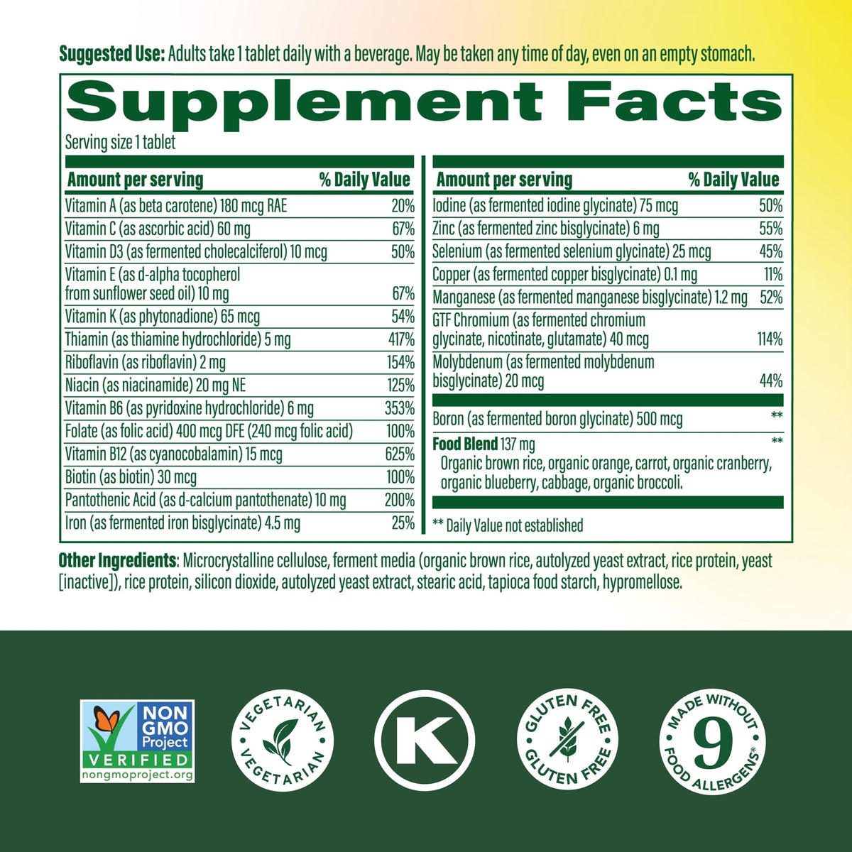 MegaFood One Daily Multivitamin (60 tablets) — Product label and ingredients