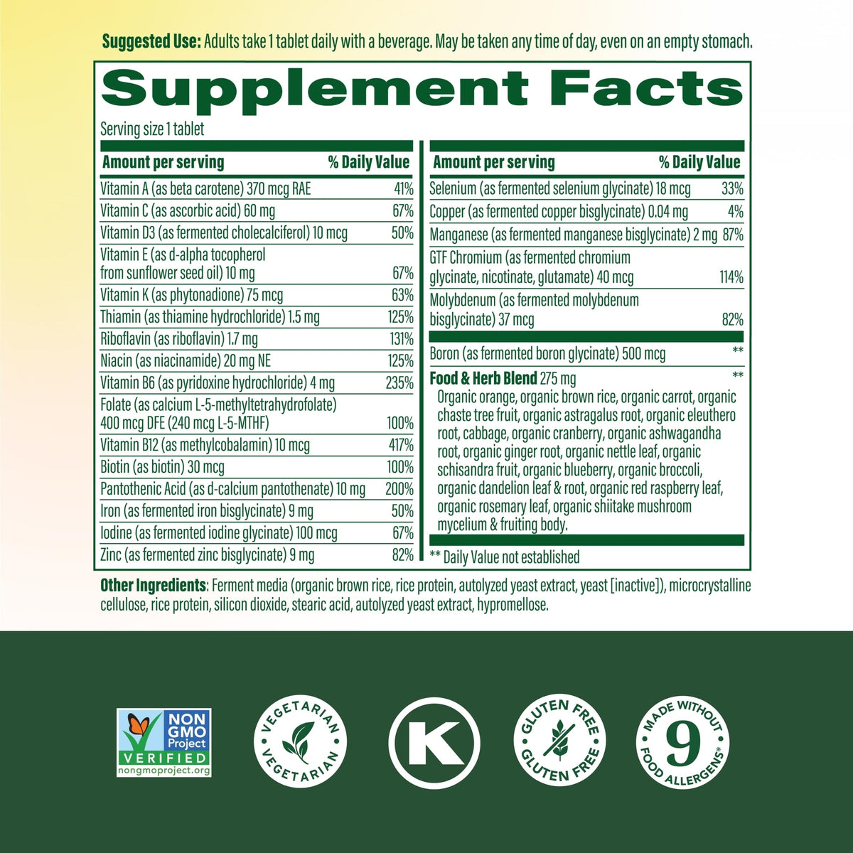 MegaFood Women’s Daily Multivitamin (60 tablets) — Product label and ingredients