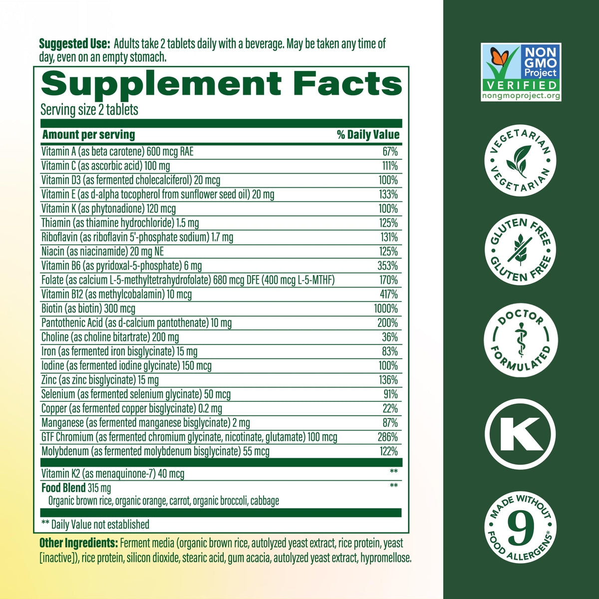 MegaFood Women’s Advanced Multivitamin (60 tablets) — Product label and ingredients