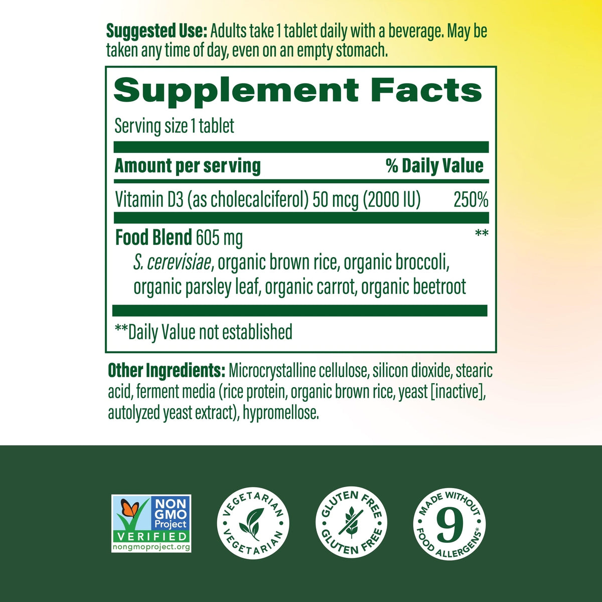 MegaFood 2000 IU Vitamin D3 (60 Tablets) — Product label and ingredients