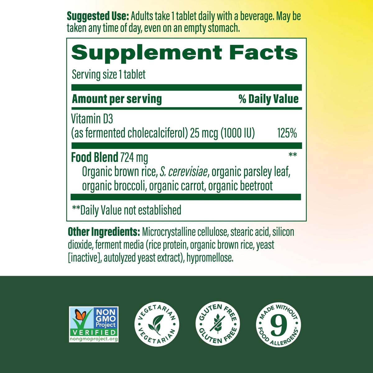 MegaFood 1000 IU Vitamin D3 (60 Tablets) — Product label and ingredients