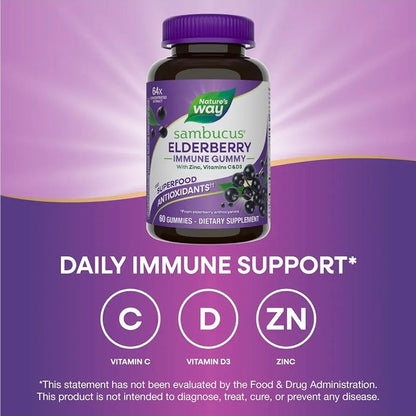 Nature’s Way Sambucus Elderberry Gummies, Immune Support Gummies*, Black Elderberry with Vitamin C and Zinc, 60 Gummies