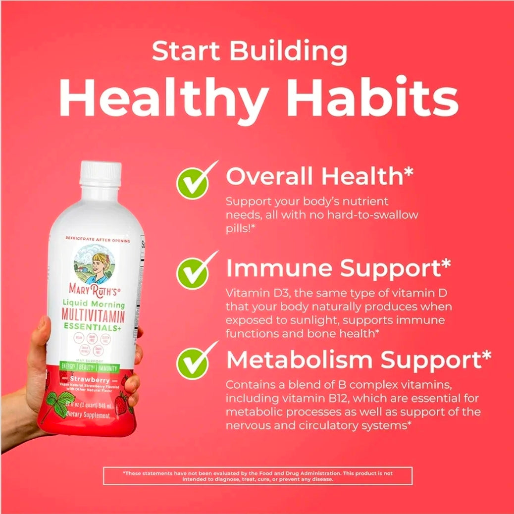 MaryRuth's Liquid Morning Multivitamin Essentials+ | Vitamin A C D E B6 B12 Biotin Zinc | Mens Womens Multivitamin | Immune Support | Beauty | Sugar Free | Vitamins for Ages 1+ | Vegan | 32 Fl Oz