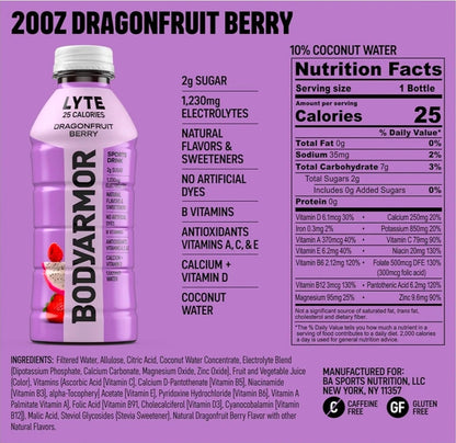 BODYARMOR LYTE Sports Drink Low-Calorie Sports Beverage, Dragonfruit Berry, Natural Flavors With Vitamins, Potassium-Packed Electrolytes, Perfect For Athletes, 20 Fl Oz