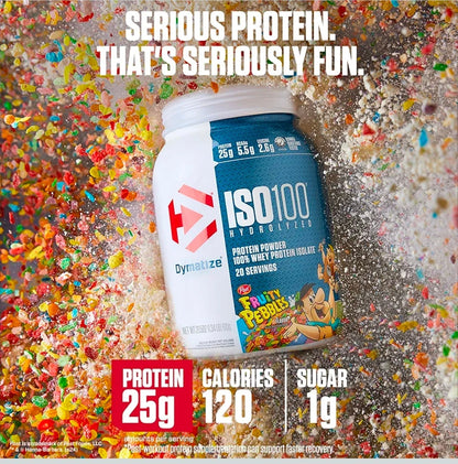 Dymatize x Fruity Pebbles ISO100 Whey Protein Powder Isolate, 25g of Protein, 5.5g BCAAs, 120 Cal., Gluten Free, 1g Fat, 1g Sugar, 2g Carb (75 Servings)