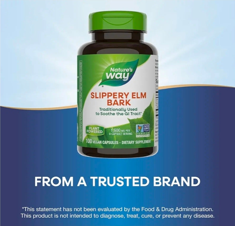 Nature's Way Slippery Elm Bark Capsules, Traditional Digestive Support to Soothe Gastrointestinal Tract*, 1,600 mg per 4-Capsule Serving for Traditional GI Support*, Vegan, 100 Capsules