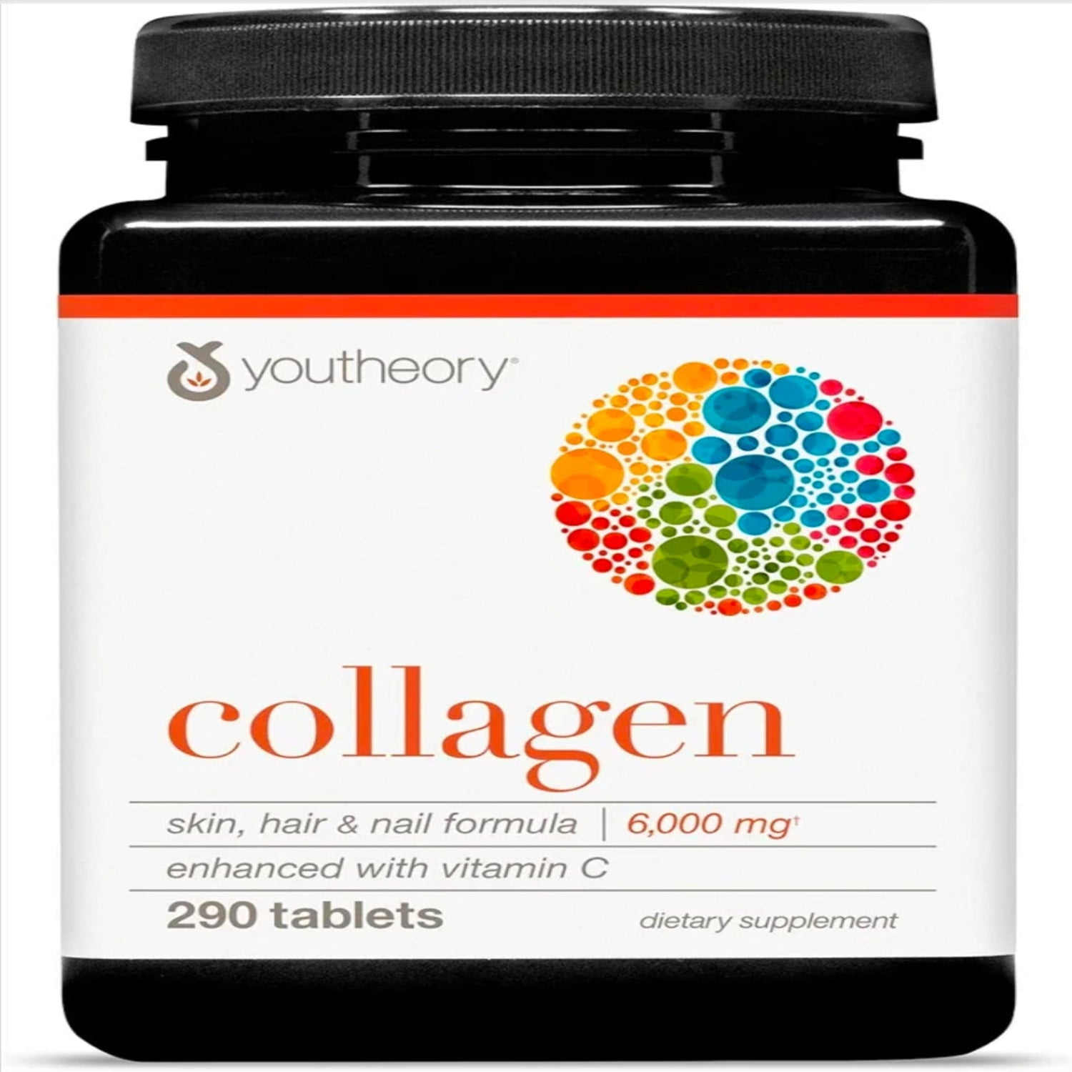 Youtheory collagen supplement bottle with colorful circular design on a white background