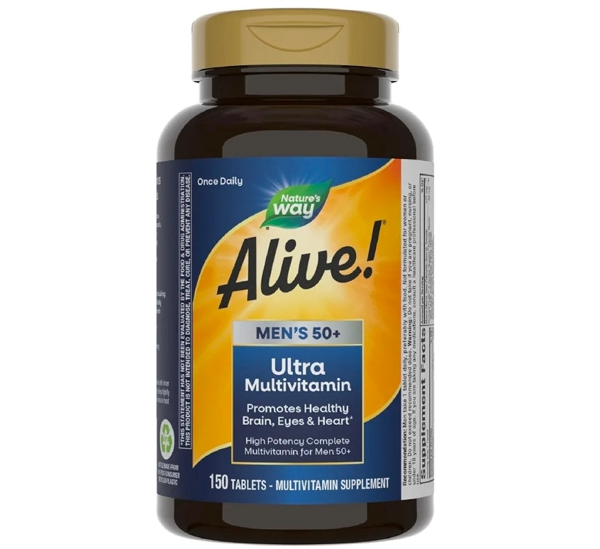 Nature's Way Alive! Ultra Potency Multivitamin for Men 50 Plus, Complete High Potency Formula with Vitamin D3, C, E, Methyl B12, Supports Cellular Energy, Heart, Brain, and Eye Health,* 150 Tablets