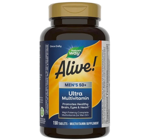 Nature's Way Alive! Ultra Potency Multivitamin for Men 50 Plus, Complete High Potency Formula with Vitamin D3, C, E, Methyl B12, Supports Cellular Energy, Heart, Brain, and Eye Health,* 150 Tablets