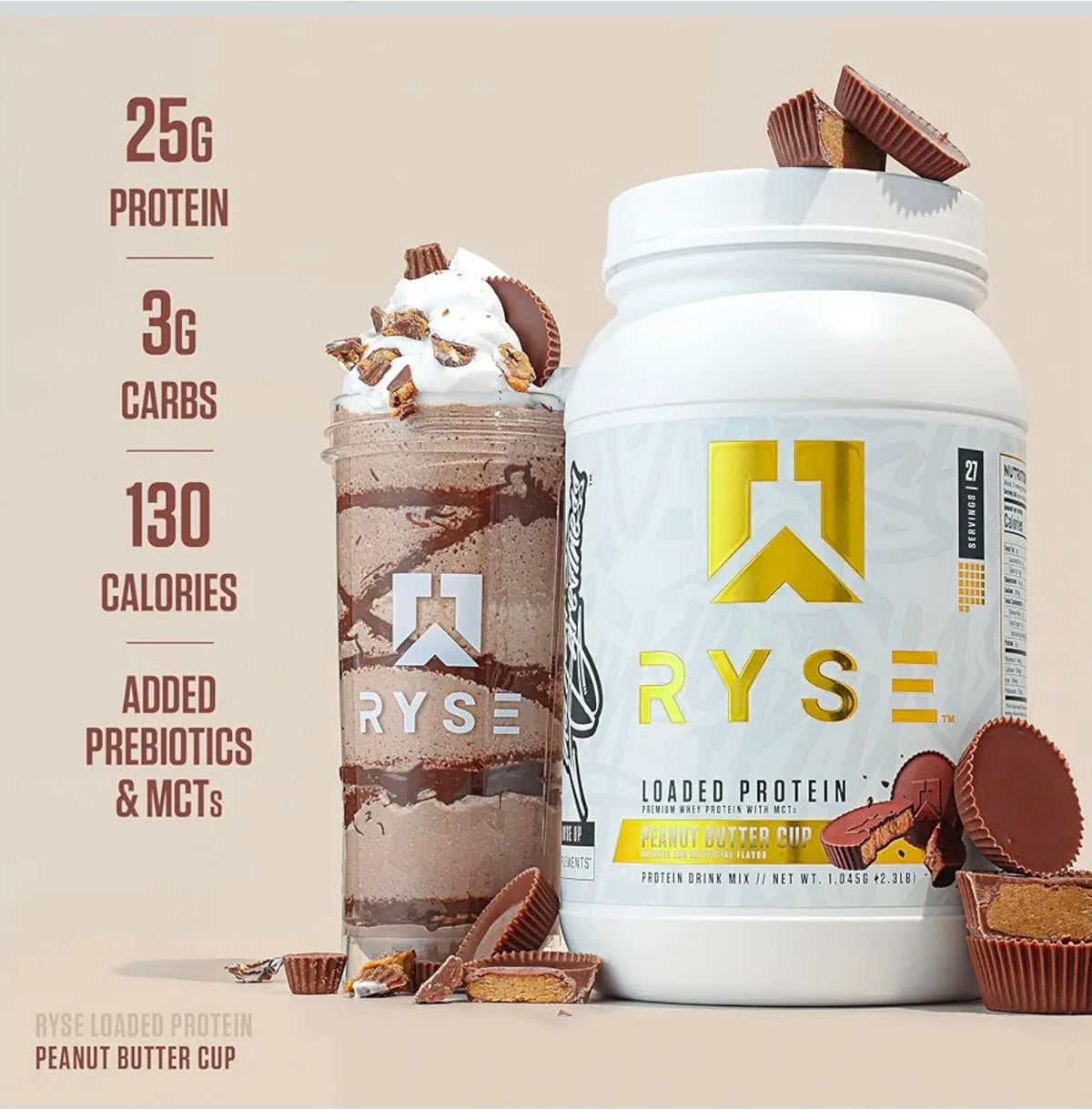 RYSE Loaded Protein Powder - Peanut Butter Cup - 25g Whey Protein Isolate & Concentrate with Prebiotic Fiber & MCTs - Low Carb, Low Sugar, Digestive-Friendly - 27 Servings / 2 lb Tub