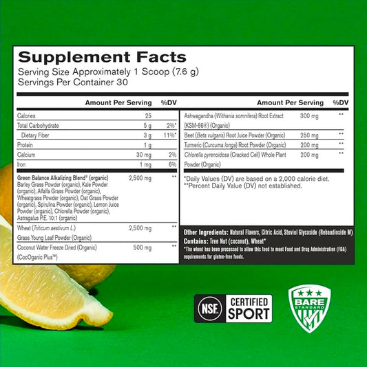 BARE PERFORMANCE NUTRITION, BPN Strong Greens Superfood Powder, Lemon, 30 Servings
