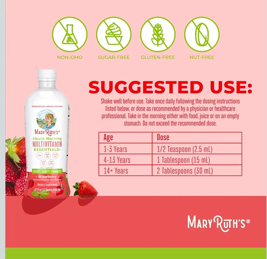 MaryRuth's Liquid Morning Multivitamin Essentials+ | Vitamin A C D E B6 B12 Biotin Zinc | Mens Womens Multivitamin | Immune Support | Beauty | Sugar Free | Vitamins for Ages 1+ | Vegan | 32 Fl Oz