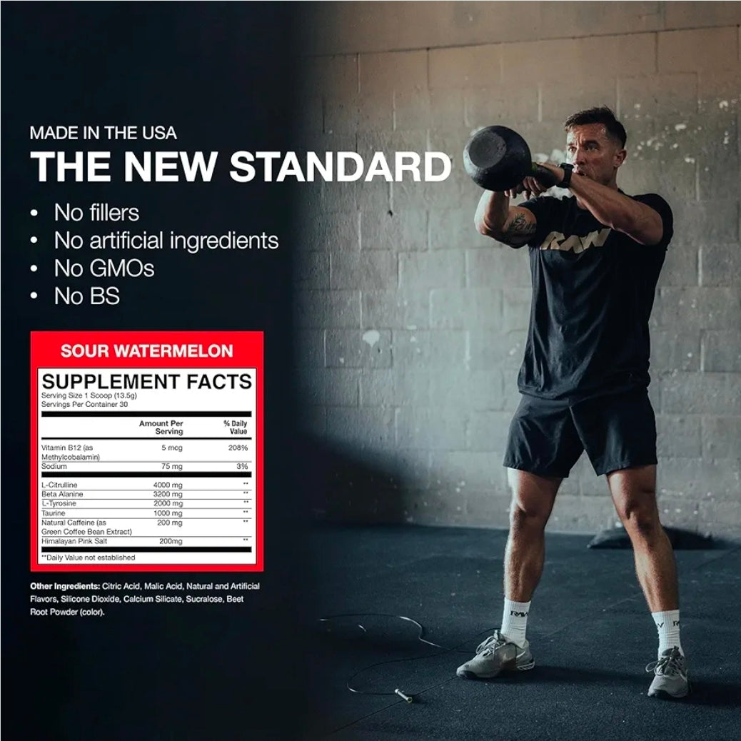 RAW Essential Pre-Workout Powder (Sour Watermelon) - Chris Bumstead Sports Nutrition Supplement for Men & Women - Preworkout Energy Powder with Caffeine, L-Citrulline, L-Tyrosine, & Beta Alanine Blend
