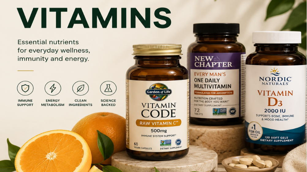 Three vitamin supplement bottles arranged on a stone slab with citrus slices, lemon wedges, and green leaves on a light neutral background. Visible brands include Finduq in the headline and Garden of Life on the Vitamin Code bottle, plus Nordic Naturals on the D3 bottle.
